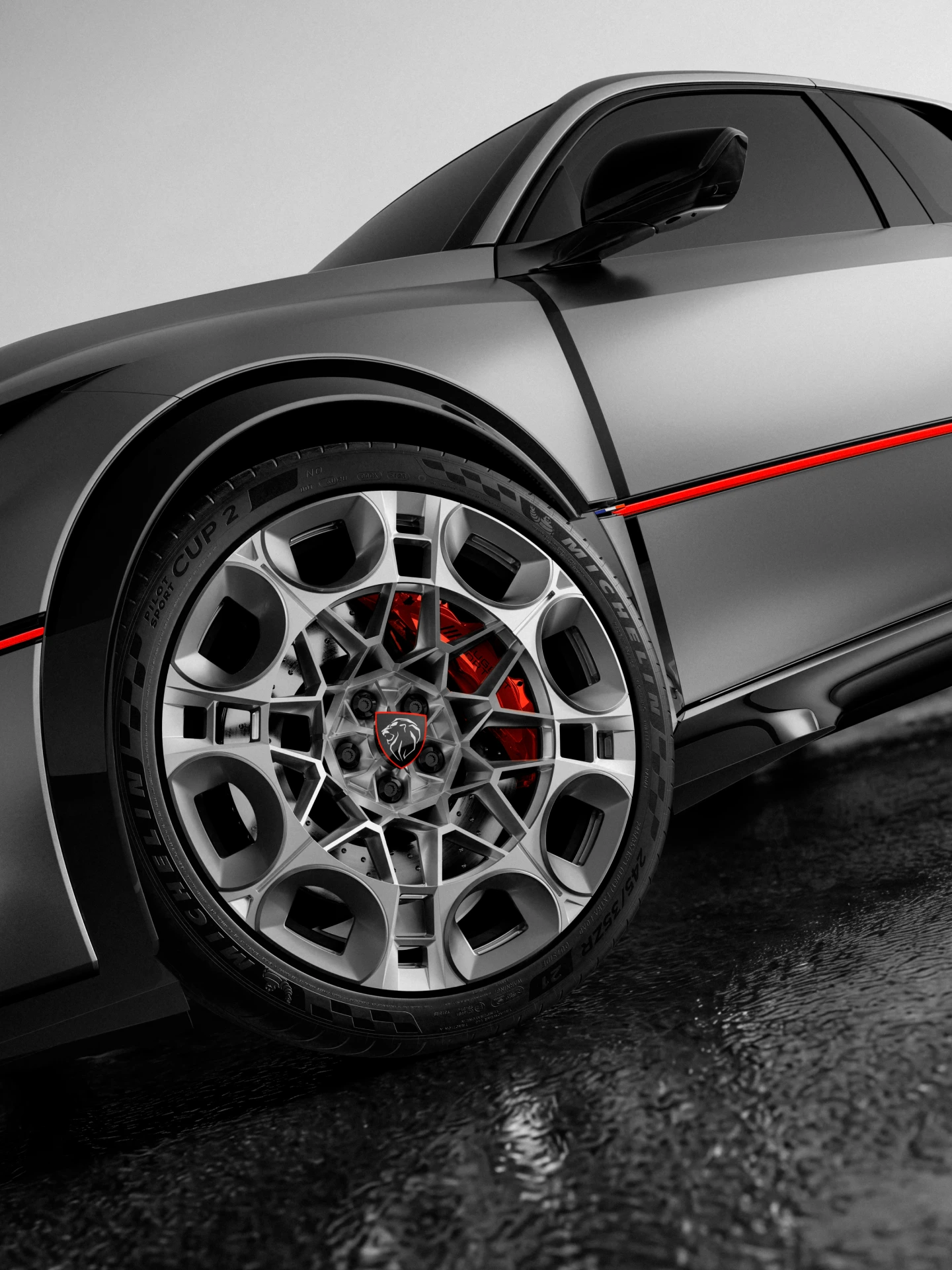 PEUGEOT E-T16 Concept, exterior en Gris Winchester mate con líneas rojas