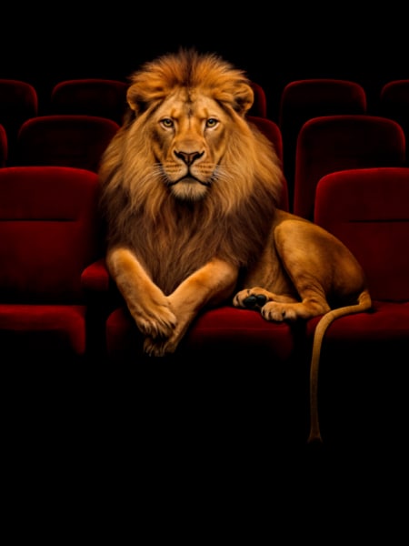 Un león sentado en una sala de cine para la colaboración entre PEUGEOT y el cine.